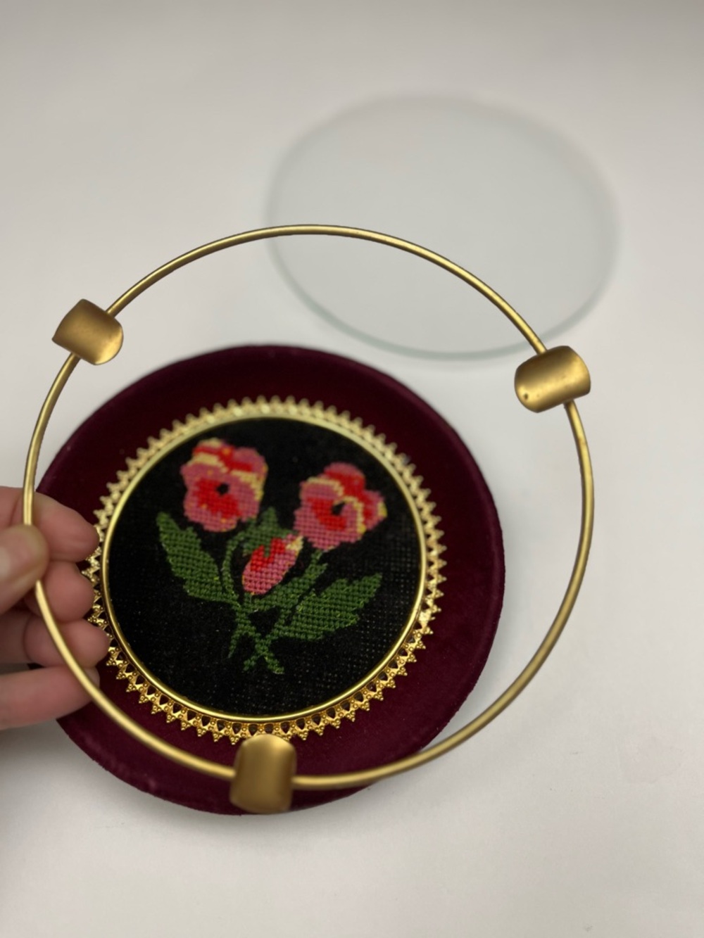 Vintage 6” Needlepoint Floral Ashtray - Brass & Velvet Trinket Dish